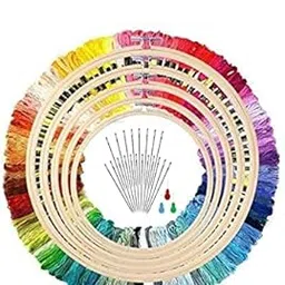 ROYAL VILLA® Special Pack of 5 Embroidery Hoop Frame (Sizes: 5,6,7,9,10 Inches)+ 25 Multicolored Cotton Skein Threads 8m Each +20 Large Needles +3 Wire Loop Threader for Embroidery and Art Craft Work.-image-3