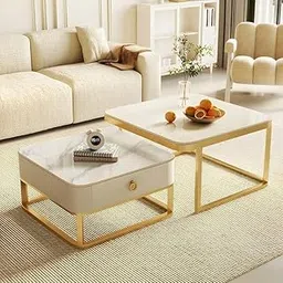 ETILAN Modern Coffee Table with Storage Drawer, 2-Piece Square Nesting Tables, Marble Top & Metal Frame Center Table for Sofa, Lounge & Home Décor (White/Gold)-image-74