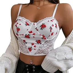 quecy Women's Sexy Lace Corset Crop Top Y2K Sleeveless Spaghetti Strap Cami Tanks Push Up Bustiers Corsets Clubwear |E-White Floral |L-picture-11