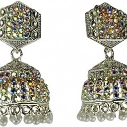 Women’s Geometric Top Oxidised Silver Jhumka Earrings With Sparkling Stone Detailing And Pearl Bead Edging (White)-picture-48