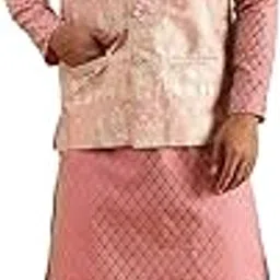 sojanya Men's Silk Blend Pink Kurta with White Pyjama & Jacquard Silk Nehru Jacket-picture-32