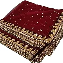 Maroon Women Bridal Dupatta for Wedding (Marriage) - Heavy Net Dulhan Chunari With Resham Embroidery Velvet Lace-image-98