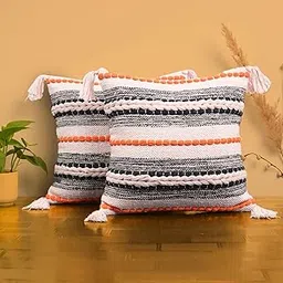 SAJAVAT HOME Cotton Cushion Cover 16X16 Inches (40X40 cm) – Soft Decorative Cushion Cover for Sofa, Bed, or Chair – Beige & Orange, Pack of 2-picture-21