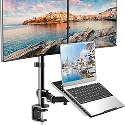 Huanuo Dual Monitor With Laptop Stand - Height Adjustable Dual Monitor Mount With Laptop Tray Fit Two 13 To 27 Inch Flat Curved Computer Screens And 10 To 17 Inch Notebooks Tabletop-picture-45