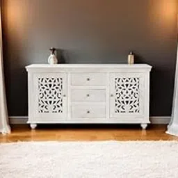 TGF Furniture Store Elegant White Sideboard Cabinet – Wooden Storage Console with Lattice Doors & 3 Drawers – Traditional Design for Living Room or Entryway-picture-20