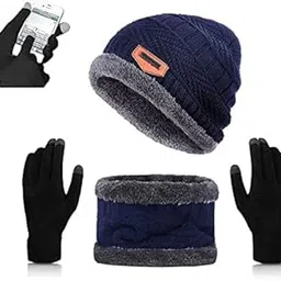 vtflair Winter Woolen Beanie Cap Scarf and Touch Screen Gloves Set for Men and Women Stretch Warm Winter Cap/Winter Cap for Men Stylish Blue Color(Beanie Cap with Touch Screen Gloves)-picture-51