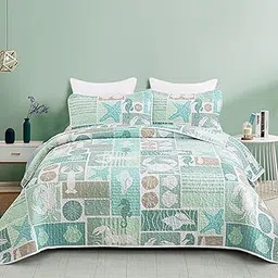 DJY Green Quilt Set Queen Coastal Beach Theme Quilt Coverlet Set Soft Microfiber Reversible Bedspread with 2 Pillow Shams 3 Pieces Coastal Bedding Quilt for All Season 90"x96"-picture-15