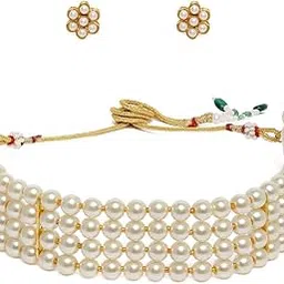 zaveri pearls Gold Tone Ethnic Multistrand Pearls Choker Necklace & Earring Set For Women-ZPFK10145-picture-14