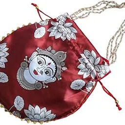 kottanz Lakshmi Potli Bag | Red Satin & Raw Silk Potli | 8.5x8.5 Inches | Traditional Gift Bag for Pooja | Diwali, Return Gifts & Wedding Favors-picture-47