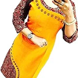 yova style Plain Floral Print Stylish Cotton Regular Straight Dress Kurti for Girls Women Casual Wear Different Color Sleeves Suit with Wooden Button Pattern-picture-43