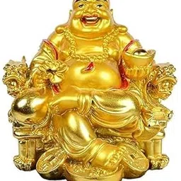a Feng Shui Laughing Buddha Figurine | Happiness and Money Wealth Sitting Idol Decor for Pooja Ghar, Office & Home Temple (Gold)-image-19