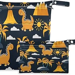 visesunny Yellow Dinosaurs Volcano and Palm Tree 2Pcs Wet Bag with Zippered Pockets Washable Reusable Roomy for Travel,Beach,Pool,Daycare,Stroller,Diapers,Dirty Gym Clothes, Wet Swimsuits, Toiletries-picture-52
