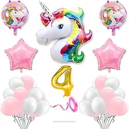 4th Unicorn Theme Birthday Decoration Kit Pink White for 4 year Old Baby Boys Girls Kids 5 Pcs Unicorn Theme 30 Pcs Pastel Balloons Decoration Set Items 2 Pcs Pink Star-picture-27
