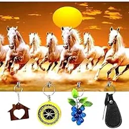 7 Horses vastu Painting Wall Key Holder for Home Decor Stylish | Key Hangers for Wall | Wooden Key Stand for Wall (7 Hooks, MDF Yellow)-picture-20