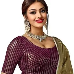 atibha fashion Designer Gold Foil Printed Striped Readymade Stretchable Round Neck Women's Saree Blouse, Elbow Length Sleeves, U-Neck Back Design-picture-50