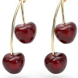Cute Red Double Cherry Front Back Jacket Earrings for Girls & Women | Glossy Fruit Design Gold-Tone Earrings | Fashion Statement Dangle Earrings for Party & Casual Wear-image-25