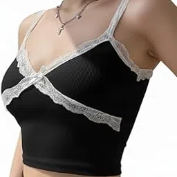 Nitya Style Women's Lace Trim Crop Top, Black Ribbed Tank with White Lace Details, Spaghetti Strap Camisole-picture-11