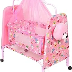 FLIPZON Foldable Baby Cradle with Swing | Comfortable Multi-Use Baby Cradle for Baby Comfort Sleep | Four Wheels with Brake | with Storage | Sturdy & Safe | Teddy Style | J7, Pink-image-3