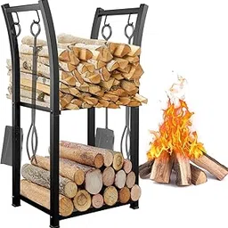 Nestora Home 2 Tiers Indoor Firewood Rack with 4 Hooks - Portable Outdoor Firewood Rack, Heavy Duty Log Rack Wood Holder, Sturdy Firewood Storage Stand for...31.5" x 15.7" x 11.8".-picture-10