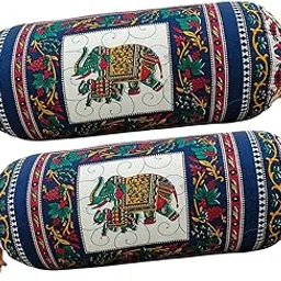 KC PRODUCTS Elephant Printed Cotton Bolster Cover, Jaipur Sanganeri Printed Bolster Cover Elephant Design, Booster Pillow Cover Set Pack of -2 Size 16"x32" inch Colour Bule-picture-57