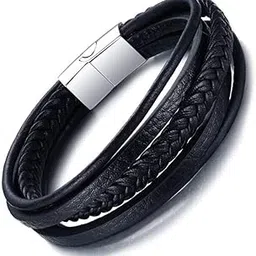 university trendz Leather Stainless Steel Bracelet for Boys (Black) image 1