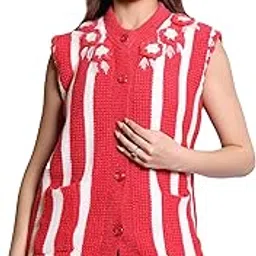 Women's Sleeveless Knitted Sweater Vest with Pockets and Floral Detail, Hand-Knit Style Button-Front Sweater Vest for Layering (pack of 1) (IN, Alpha, M, Regular, RED)-image-95