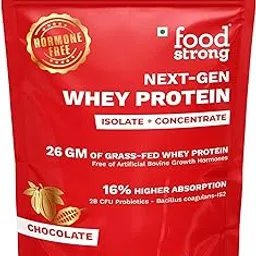 Foodstrong Next-Gen Whey Protein Isolate + Concentrate, 100% Hormone Free Grass-Fed Whey, 26G Protein, Chocolate (Cacao), With Turmeric, Probiotics & Natural Digestive Enzymes For Easy Digestion, 1KG-picture-27