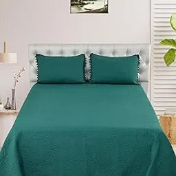 BREVARD Luxury & Premium Glace Cotton Floral Printed Bed Cover Bublle Lace Frill Border - 2 Pillow Covers All Season Ultrasonic Lightweight Bedspread (King Size - 90x100 Inches, Green)-picture-15