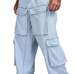 eszett Men's Casual Wear High Rise Denim Glacial Blue Cargo Pant-picture-10