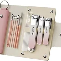 Simois Stainless Steel 10 In 1 Nail Clippers Set, Travel Mini Nail Kit with Leather Case, Finger & Toenail Clippers, Nail File Fingernail Clipper Nail Cutter kit for Men and Women (Pack Of 1, Pink) image 1