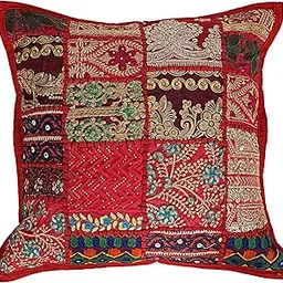 Hand Embroidered Cushion Cover Traditional Decorative Pillowcase Rajasthani Art Patchwork Cushion Cover 16 x16 Inch (5, Red)-picture-60