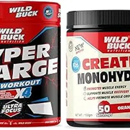 WILD BUCK Hyper Charge Pre-X4 Hardcore Pre-Workout Supplement Powder with Creatine Monohydrate, Arginine AAKG, Beta-Alanine, Caffeinated Punch-For Men & Women [40 Serving, Cranberry] + WILD BUCK Creatine Monohydrate Powder, Strength, Reduce Fatigue, 100% Pure Creatine, Lean Muscle Building, Supports Muscle Growth, Athletic Performance, Recovery [50 Servings, Orange]-image-82