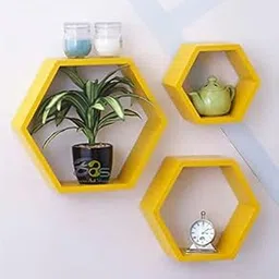Brown Art Shoppee Decorative Display with Hexagon Shape Set of 3 Floating Wall Shelves Racks for Living Room (Yellow)-picture-24