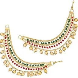 ervio Earchains Gold Plated Three Layer Long Bridal Wedding Festival Moti Pearl Ear Chain Champaswaralu kan chain Earchains Ear Chains For Hair Jhumka Jhumki Traditional Earrings For Women Girls image 1