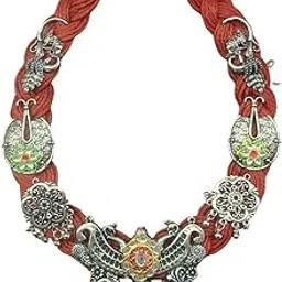 the nakhra store Ahalya Red Jute Necklace For Women Kundan Accents Handcrafted Thread Oxidised Silver-Toned Charm Navratri Choker Festivals & Ethnic Casul Outfits-picture-15