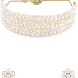 zaveri pearls White Pearls Multistrand Beaded Choker Necklace & Earring Set For Women-ZPFK16723-picture-35