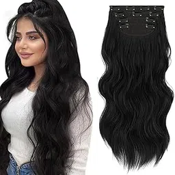 Sankrityayan Women Full Head Hair Extension Wig 20 To 22 Inch Wavy Black Hair Pieces with 14 BB Clip Cheap Fluffy & Not Tangled for Women and Girls (1b Black Wave)-image-2