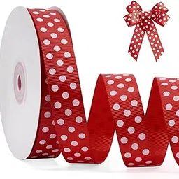 HASTHIP® Red Polka Dot Ribbon Roll, 25mm x 24 Yards Ribbed Ribbons for Gift Wrapping, Crafting, Bows & Party Christmas Tree Decorations-image-17