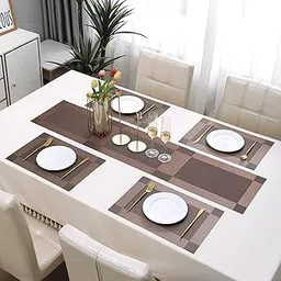 Baskety Satin Colorful Place Mats Dining Tablemates Washable Heat Resistant. (Bown Set of 4+1 Runner)-picture-20