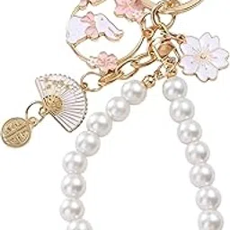 1 Pc Cute Keychain, Floral Dual-Tone Alloy Phone Charm with Pearl Accents, Bag Charms for Handbags and Backpacks, Gift for Besties and Sisters-image-0