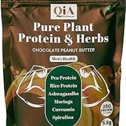 Qia Wellness Plant Protein & Herbs | Men's Health | 25g Protein | 5.5g BCAA | Pea & Rice, Ashwagandha, Moringa, Curcumin| No Sugar/Preservatives/Artificial flavors | Chocolate Peanut Butter-1248 Gm-picture-14