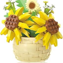 Flowers Building Blocks for Lego Flower, Creative Project for Desk and Flower Stand Decor, Perfect for Boys and Girls Includes Hibiscus Flower and Ladybug Figurine (Sunflower Basket（Multicolor）)-image-3
