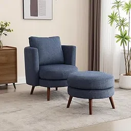 Upholstered Reading Armchair Single Seater Velvet Designed Back Chair with Round Macthing Footrest for Living Room, Bedroom, Hallway (Blue)-image-17