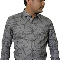 Men's Casual Long Sleeve Shirt, Gray with Abstract Geometric Print Pattern-picture-24