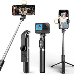 Selfie Stick with Light | Long Selfie Stick with Tripod Stand 100cm Plus Bluetooth Extandable Selfie Stick Tripod Dimmable Fill Light for Mobile Phone Gopro Video Call Vlog Live Streaming (Black)-picture-44