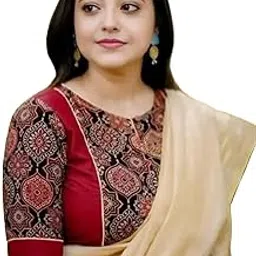 custom Designer Ajrakh Print Cotton Saree Blouse, Maroon and Black, Half-Elbow Sleeve image 1