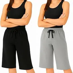 Women's Cotton Plain Capri Pants, Loosefit Yoga Pants 2Pack (BG)-picture-33