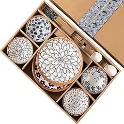 OLWICK® 14 Piece Ceramic Bowls and Plates Set for Cereal, Soup, Pasta, Oatmeal, Salad and Rice with Beautiful Gift Box Packed (4Bowls, 2Plate, 4ChopStick, 4Spoon, Multicolor)Solid-picture-22