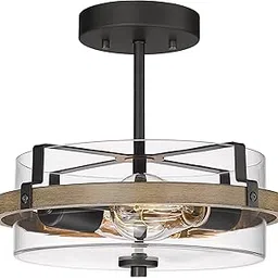 EAPUDUN Farmhouse Ceiling Light, Wood Semi Flush Mount Ceiling Light with Clear Glass Shade, 2-Light Retro Ceiling Light Fixture for Hallway Entryway Bedroom Kitchen Dining Room SMA1444-FBDT-image-62