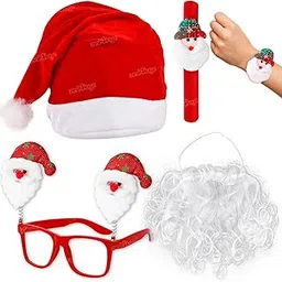 Zest 4 Toyz Christmas Accessories for Kids (Pack of 4) 1 Velvet Cap,1 Beard,1 Goggle Frame & 1 Slap Wristband Bracelet Christmas Holiday Party Supplies,red,white-image-54